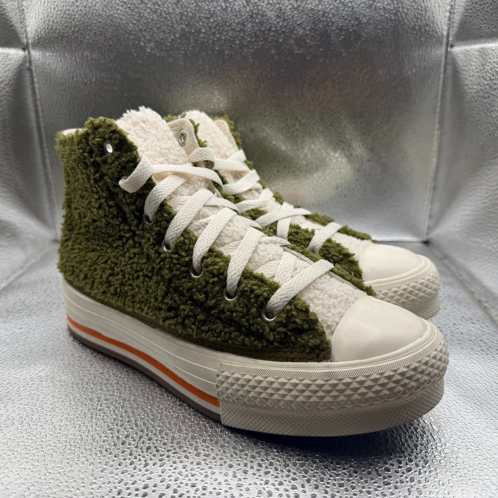 Size 4 Converse Chuck Taylor All Star Green Kids High‎ Sherpa Sneakers 673198C